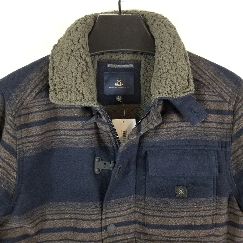 Roark Axeman Sherpa Lined Jacket Mens XS Dark Navy Striped Wool Blend New